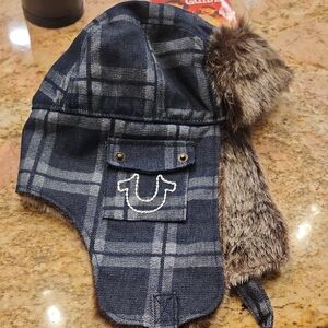 True Religion Blue Plaid Hat with Faux Fur